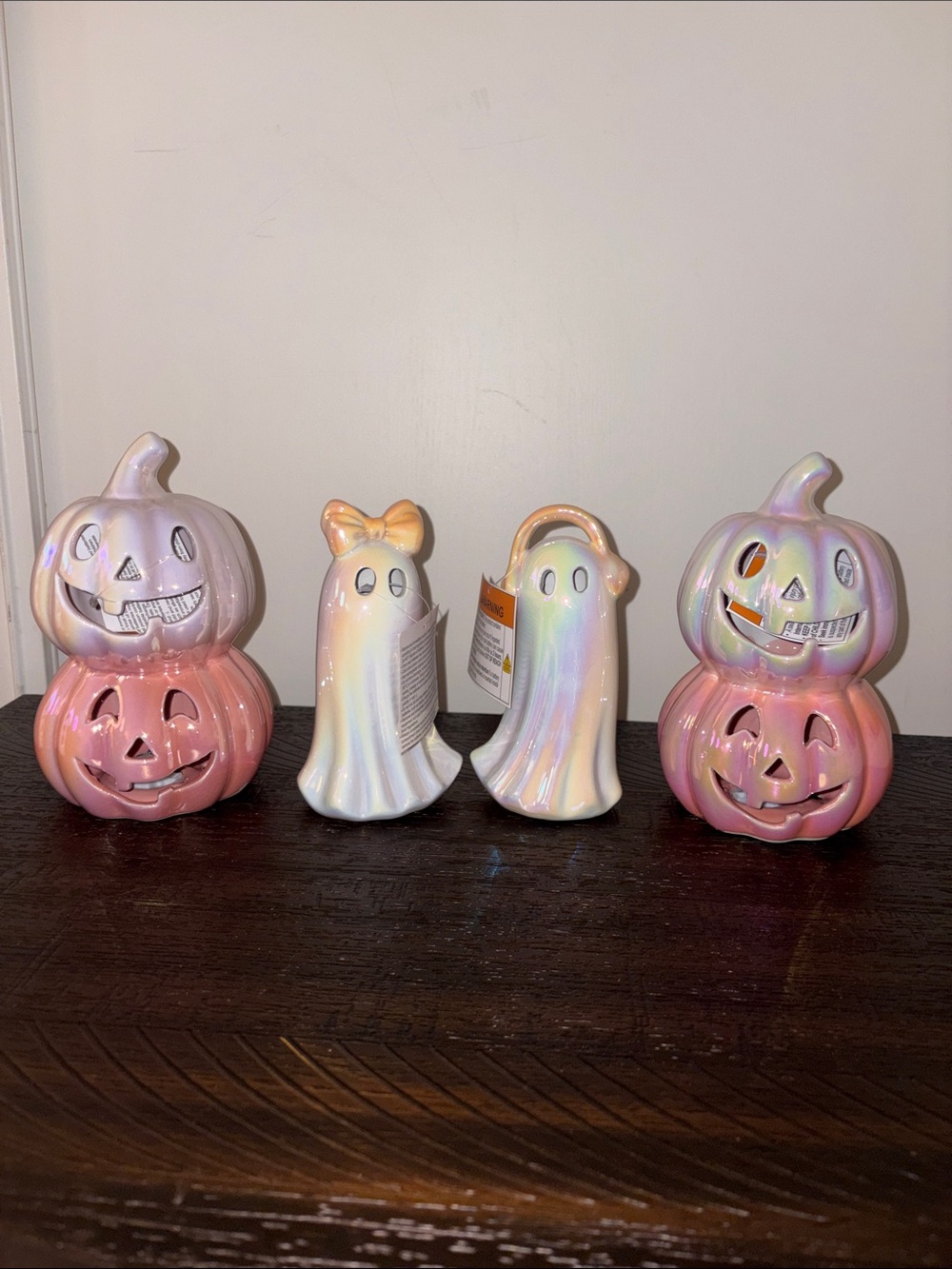 Iridescent Pink Pumpkin and Ghost Ceramic Set - Decorative Halloween Accents